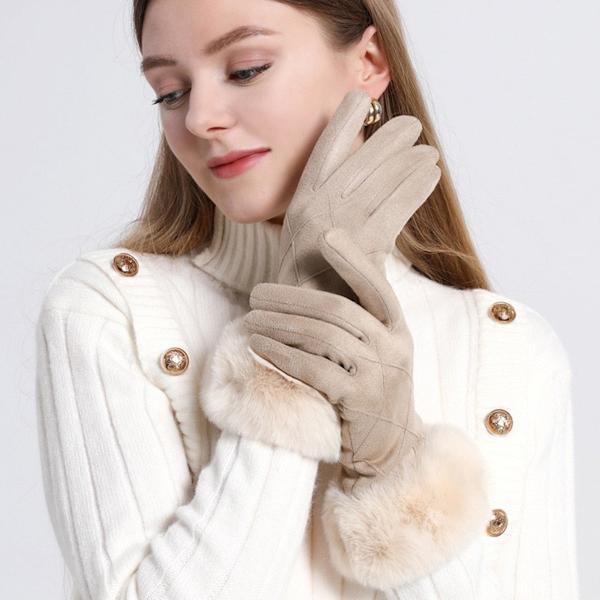 Moderne vinterhandsker til kvinder - Varme touchskærmhandsker - Elegante, bløde, tynde fleecehandsker i ruskind - Vindtætte - Beige