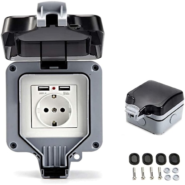 IP66 Vedenpitävä Ulkopistorasia USB-latausporteilla ja Kannella, Seinäpistorasiakotelo Puutarhaan, Autotalliin ja Uima-altaalle.