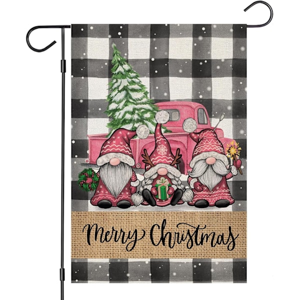 God Jul Trädgårdsflaggor för Utomhus, Röd Buffelrutig med Tomtar Lastbil Träd Små Trädgårdsflaggor, 12x18 Dubbelsidig, Rosa