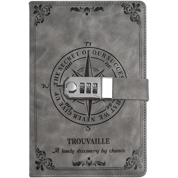 A5 dagbok med lås, vintage nautiskt mönster läder, med pennhållare förvaringsdesign, lämplig som en personlig resebrev present (grå) Gray