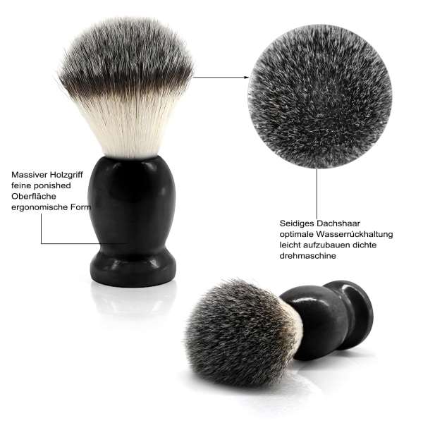 Mænds barbersæt, barberkniv og børsteholder i rustfrit stål Sæbeskål krus Grævlinghår skægbørste, vådbarbersæt - 3 stykker (sort)