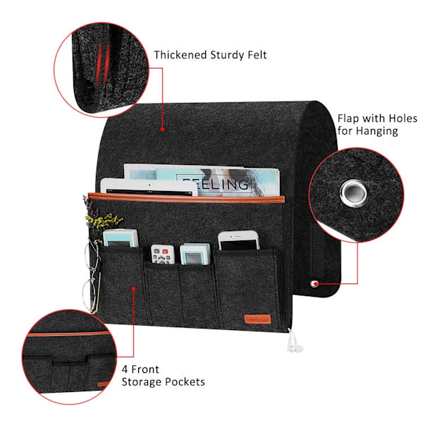 Sofa Armrest Organizer med 6 Lommer, Seng Bag Anti-Slip Oppbevaringspose for Bok, Magasiner, Mobiltelefon, Fjernkontroll