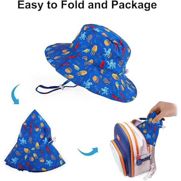 Solhat til småbørn og babyer, unisex, bredskygget sommerhat til børn, justerbar til udendørs svømning, strand, pool, blå