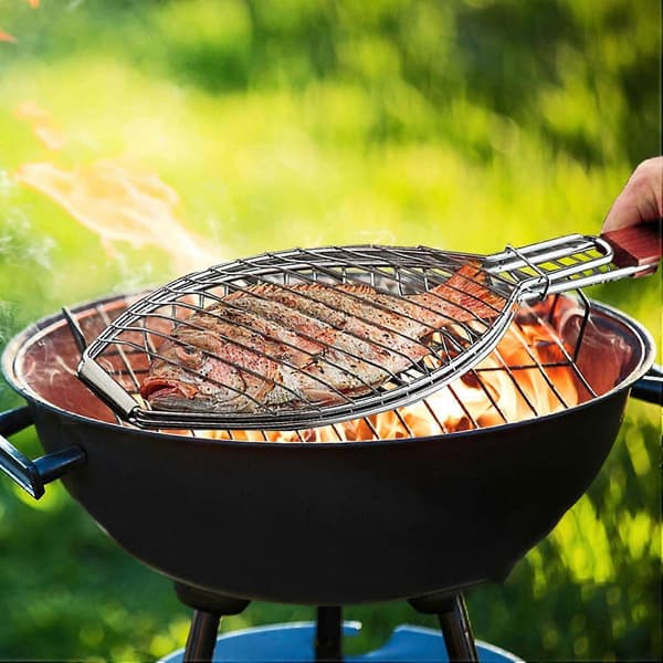 Grillfiskekurv i rustfrit stål, robust grillrist i rustfrit stål med håndtag