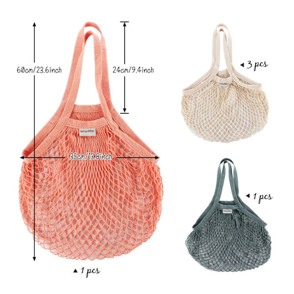 Handlepose med nett, gjenbrukbar handlepose i mesh, bomull Green+Orange+White*3