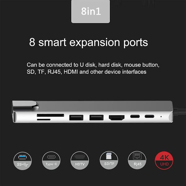8-i-1 Type-C Hub til USB 3.0 USB-C HDMI LAN RJ45 SD TF Adapter for Macbook Laptop