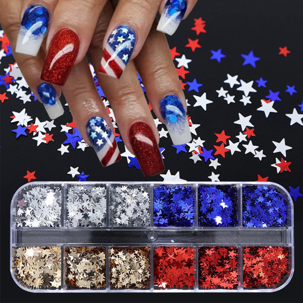 12 Grids Star Nail Art Glitter 3D Holografisk Independence Day Negle Pailletter Glitter Flakes Nail Art Supplies Nail Art Stickers Design