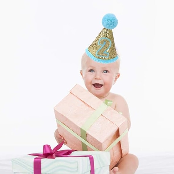 Födelsedagshätta Glitterkonhatt Justerbar Tiara Hårband Glittrande Prinsessa Födelsedagshätta för Baby Flicka Pojke, Blå-2