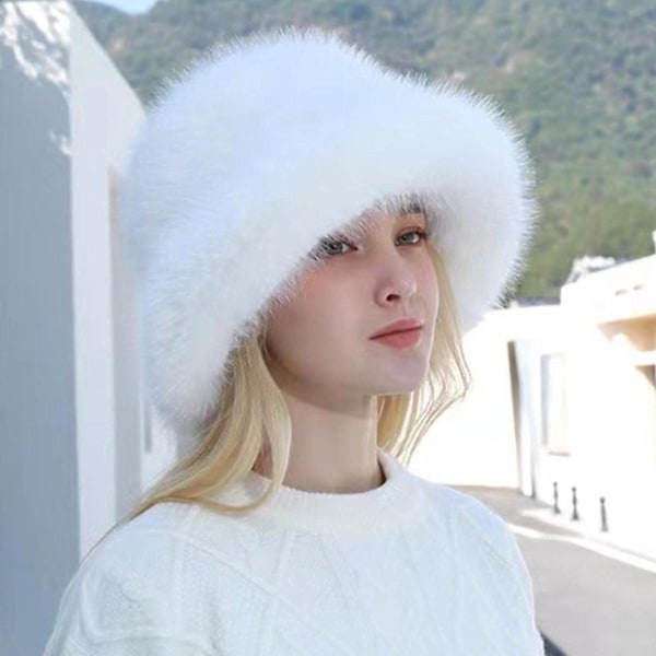 Kvinder Teenagere Piger Pels Spand Hat Fluffy Vinter Varmer Faux Pels Hat Vintage Retro Fluffy Fuzzy Varm Spand Hat Termisk Plys Fisker Hat White
