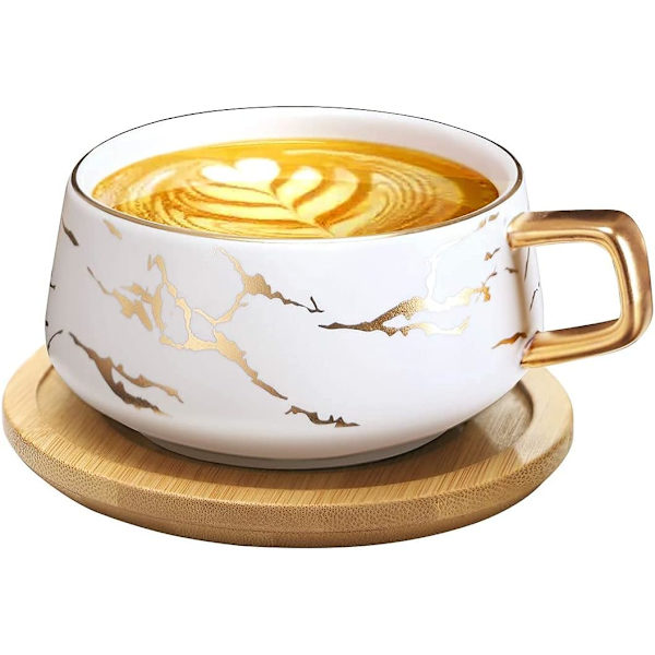 Cappuccino Kopper med Underkopper, 300ml Porcelæn Espresso Kopper til Te Kaffe Cappuccino, Kaffe Kopper med Træskive - Hvid White