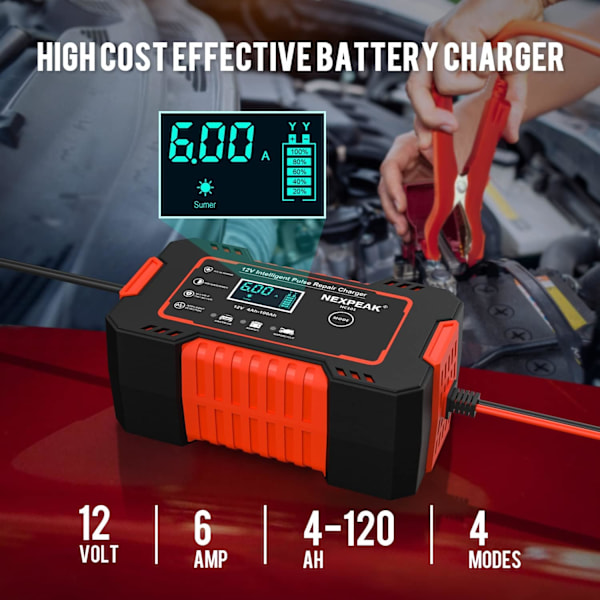 12V 6A intelligent batteriladdare, automatisk batteriladdare för bilunderhåll