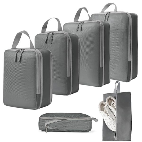 Resväska Organizer Kompressionsförpackningspåsar - 6-delad Packningskuber Kompressionsresväska Organizer, Packningskuber Researrangör Set grey