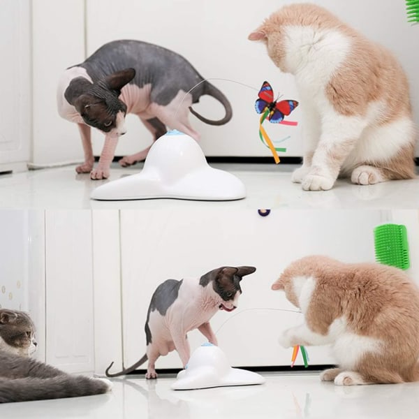 Interactive Play Teaser Cat Toy med 360° elektrisk roterende sommerfugl (kremhvit) White