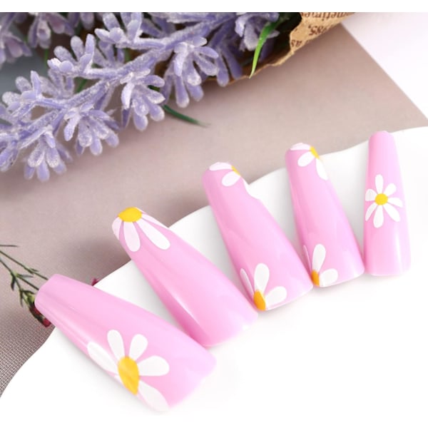 Ballerina Blomst Falske Negl Spring Stick On Negl Rosa Kunst Falske Negl 24stk Akryl Trykk På Negl for Kvinner og Jenter