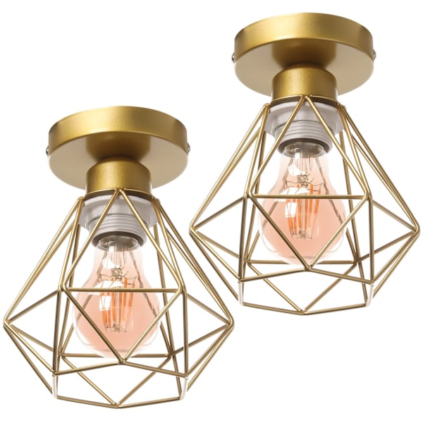 Retro loftslampe 16CM Vintage loftslampe i industrielt design Geometrisk lampeskærm E27 lampe lavet af jernbur Pendellampe guld (2 stk.)