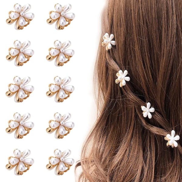 10st Mini Pearl Hårklämmor Mini Flower Claw Clips Metallklämmor Dekorativa hårtillbehör för kvinnor Flickor Födelsedagsfest Bröllop