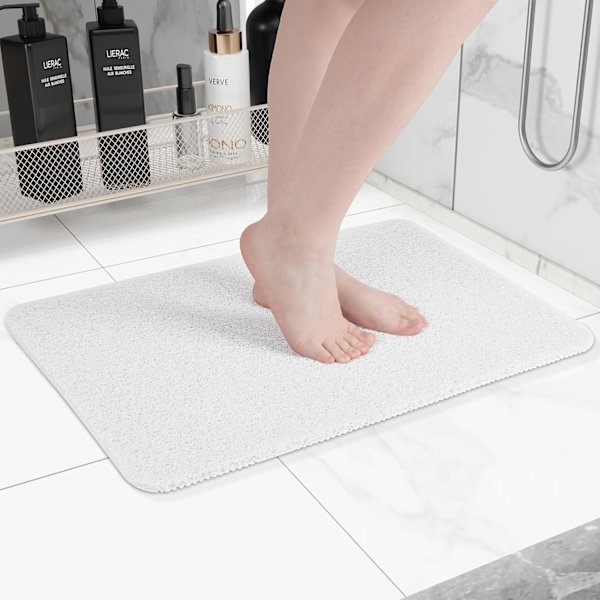 Skridsikker bademåtte med fodskrubber - 61 x 41 cm hurtigtørrende brusemåtte til badeværelse og hotel (hvid)