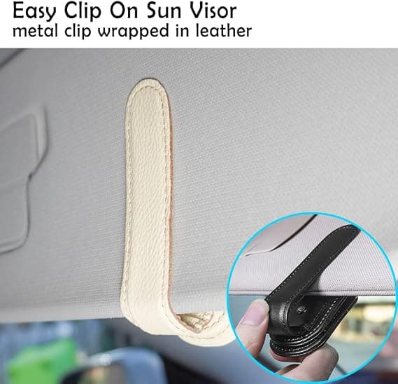 Solbriller Holder til Bilvisir, Magnetisk Læder Brilleholder til Bil, Billetkortklips Solbrillemontering (1, Beige)