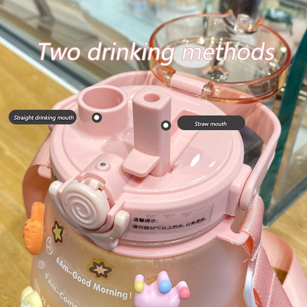 Vannflaske, 1,3L Stor kapasitet Stor mage Vannflasker med 3D Kawaii klistremerke & Tidsmarkør & Bærbar stropp Blue