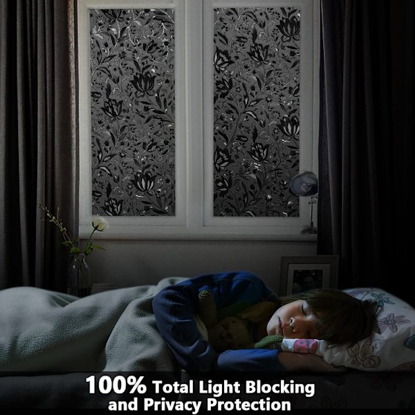 Frostet blackout vindusfilm, personvern svart ut glassfilm for dag og natt, ingen lim statisk klamring, UV-beskyttelse varmekontroll (44,5x200cm)