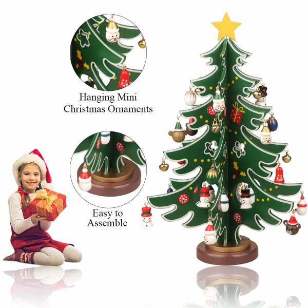 Mini träbordsskiva julgran Set med 30 mini juldekorationer och 1 stjärna trädskiva för juldekoration bordsdekorationer (L)