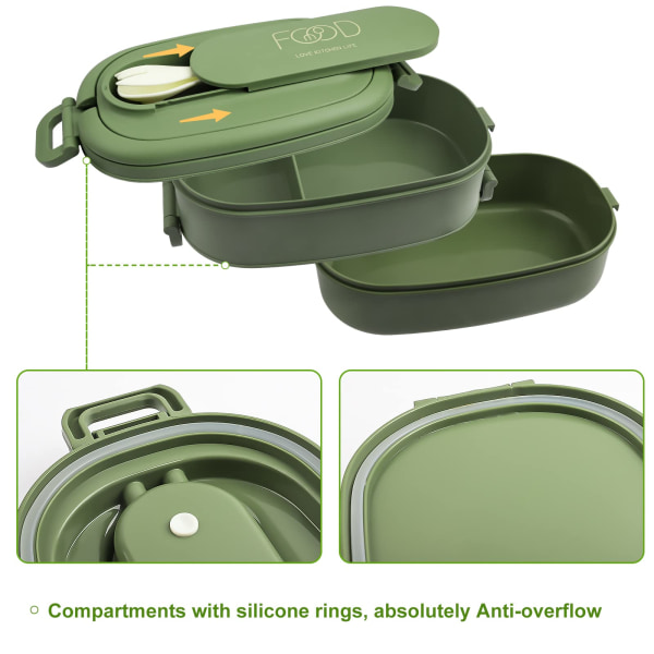 Lunchlåda - 1550ml matlåda - matlåda 2 nivåer - matlåda med 3 fack - matlåda vuxna -stor 19x12x12cm, grön Green