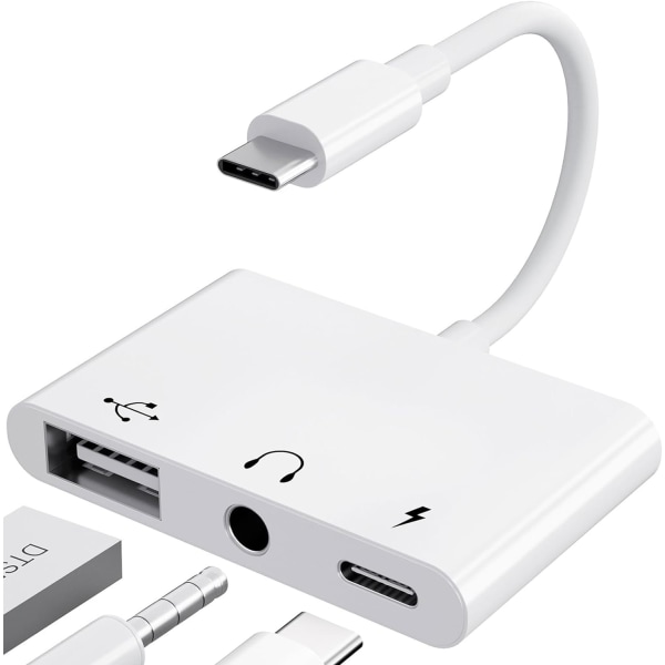 USB C-adapter 3,5 mm jack med hurtiglading OTG-adapter, Type C til Aux Splitter Earphone Audio (hvit)