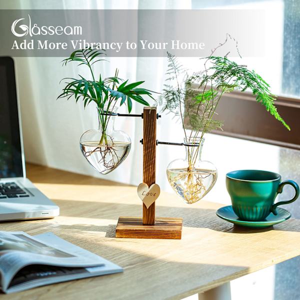 Glasväxtterarium med trästativ, kreativa dubbla hjärtglas hydroponiska vaser, modern växtförökningsstation skrivbordsplanterare glödlampa vas 2pcs