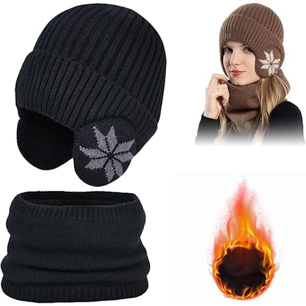Vinterfleece-skjerfsett for barn, småbarn gutter jenter vinter varm strikket lue og hals skjerfsett, svart