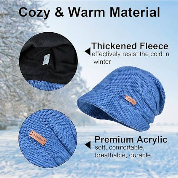 Damer Slouchy Strikket Hat Vinter Varmt Fleeceforet Beanie Hat Strækbar Skull Cap med Visir Brim, Blå