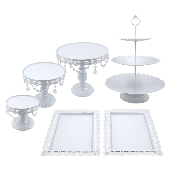 Pakke med 6 kagestande Rund metaldessertskærm med krystalperler, 3-lags rund cupcakestativ Vintage stil til festbryllupsdekoration (hvid) White