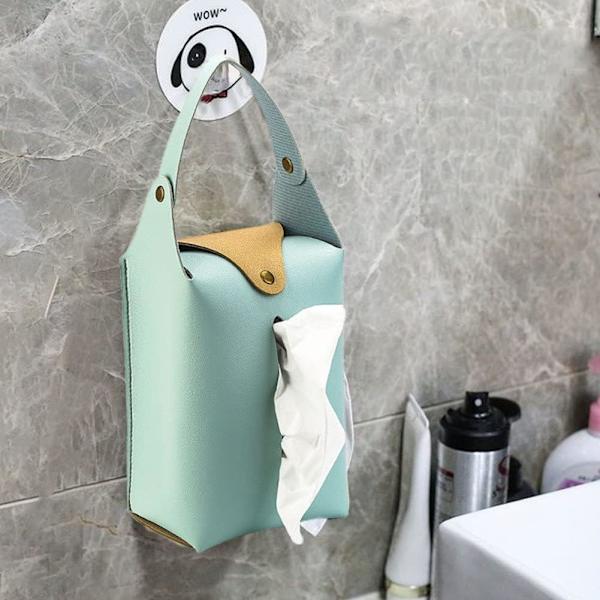 Hængende Tissue Box Pu Læder Bil Tissue Holder Bærbar Serviet Box Cover med Snap til Bil Badeværelse Køkken(Søgrøn) Blue