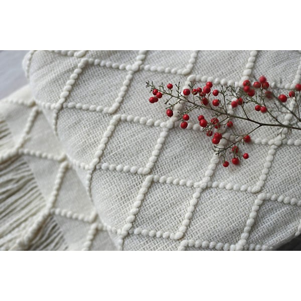Mykt strikket ullpledd med dusk - Koselig pledd - Sofapledd - Sovepledd - Beige 150 x 200 cm beige