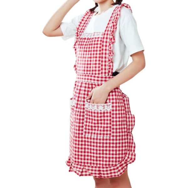 Søte kjøkkenforklær til damer med lommer Justerbart kokkeforkle damer bake bomullsfrily forklær Pinafore kjole til baking Matlaging Rød