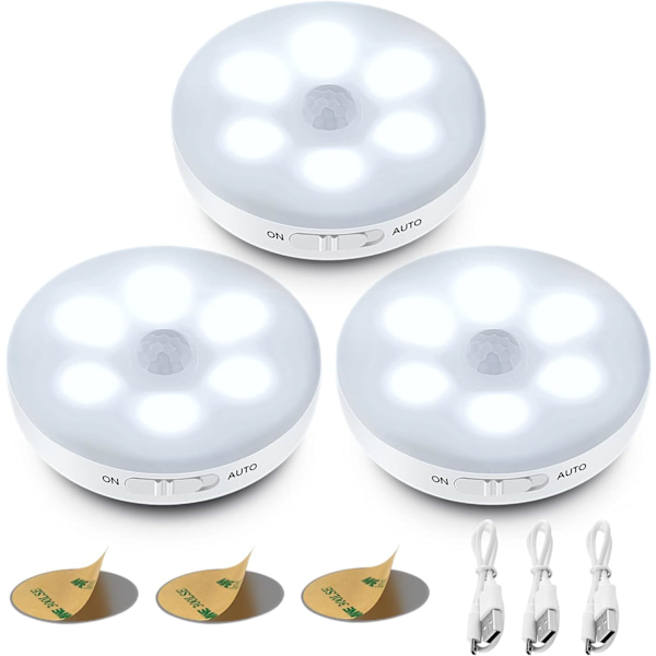 Automatisk LED-nattelys, indendørs bevægelsessensorlampe, USB-genopladeligt batteri selvklæbende lys, trådløs LED (hvid)