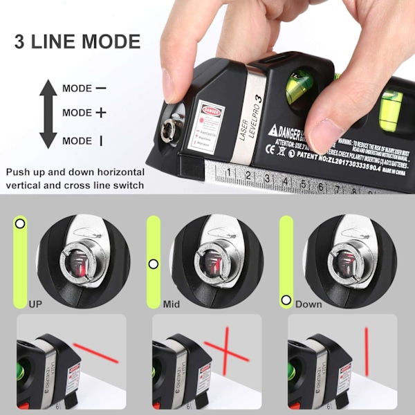Laser Nivålinjeverktyg, Multifunktionell Laser Nivå Kit Standard Korslinjelaser Nivåverktyg med metriska linjaler 8ft/2.5M