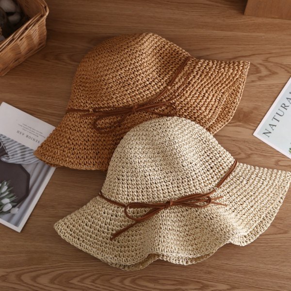 Dam solhatt i halm, hopfällbar solhatt med bred brätte, solhatt med rosett, justerbar strandhatt, elegant hinkhatt, skyddande hatt, beige Beige