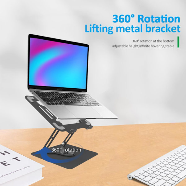 Bærbar computer stand med 360° roterende base, justerbart ergonomisk stativ (sort) Black