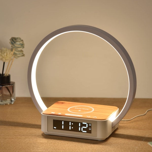 LED sänglampa med laddningsfunktion, bordslampa väckningsljus Väckarklocka Touch Control dimbar, 5W trådlös laddare bordslampa för sovrum