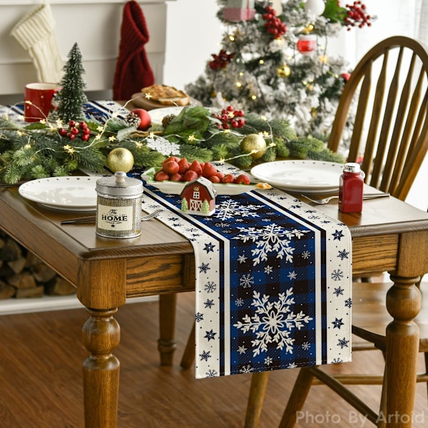 Blå Buffalo Plaid Snefnug Julebordløber, Sæsonbestemt Vinter Køkken Spisebord Dekoration til Hjemmefest Dekoration 13x90 Tommer