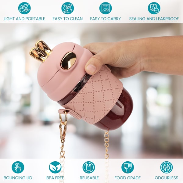 Rosa vattenflaska med sugrör och rem - 350 ml BPA-fri plastflaska med läcksäkert lock - Vattenflaska för alla åldrar