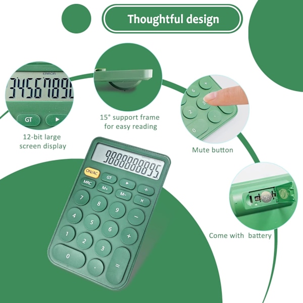 Standard kalkulator 12 siffer, stasjonær stor skjerm og knapper, kalkulator med stor LCD-skjerm, automatisk dvalemodus, med batteri, grønn