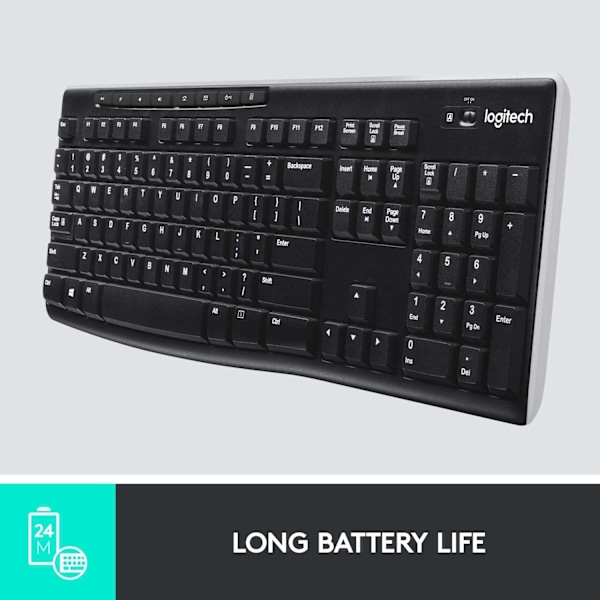 K270 Trådlöst tangentbord för Windows, fullstorlek, numeriskt tangentbord, 8 multimedieknappar, 2 års batteritid, kompatibel med PC, bärbar dator