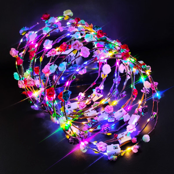 LED blomsterkrans pandebånd 12 STK - krans lysende farverigt hovedstykke blomster tiara hår tilbehør, festival fødselsdag julefest bryllup