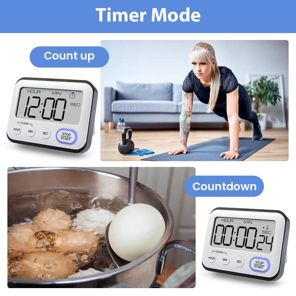 Køkken Timer Alarmur Multifunktionel Digital Madlavningstimer med Stort LCD Display Magnetisk Stoppur Timer med Ur, Vækkeur, Magnet Sort