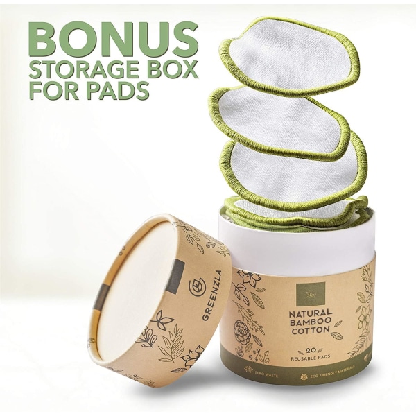 Gjenbrukbare sminkefjernerputer (20 pakker) med vaskbar vaskepose og rund boks for oppbevaring | Miljøvennlige runder av naturlig bambus og organisk bomull