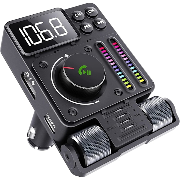 Bluetooth Biladapter, FM-sender, Kompatibel med PD 30W/Håndfri/180° Roterbar/Musiktuner med Bas og Diskant