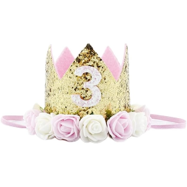Babypojke/Flicka 1-årsdagskrona, Nummer 3 Hårband Liten Prins/Prinsessa Födelsedagshätta, Rosa