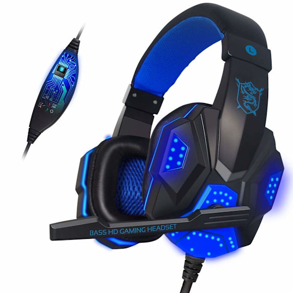 Gaming Headset og Mus Combo - Headset med Støjreduktion og Dobbelt bas med Mikrofon, LED Lys, LED Gaming Mus, lydløs Mus (blå)