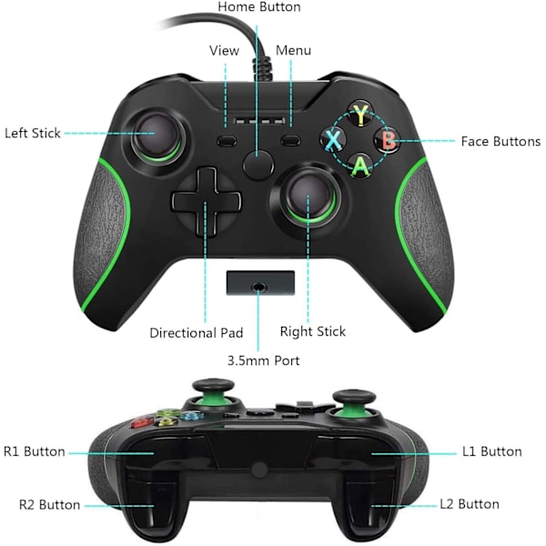 Kablet controller til Xbox One, Dual Vibration USB Xbox One kablet spilcontroller til Xbox One PC Windows 7/8/10 (sort)